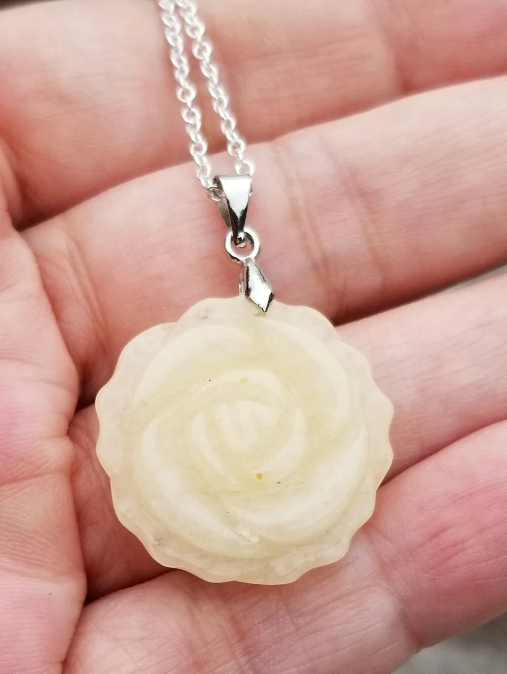 Sterling Silver Yellow Jade Rose Pendant Necklace, Yellow Jade Hand Carved Rose
